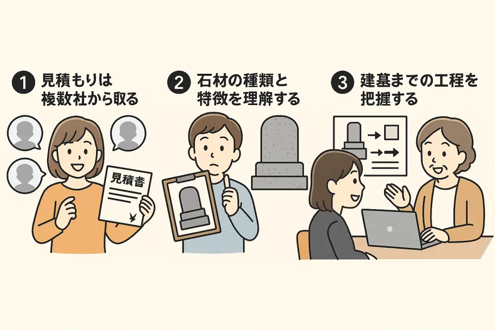 墓石購入の流れと石材店選びのポイント①〜③の図解イラスト