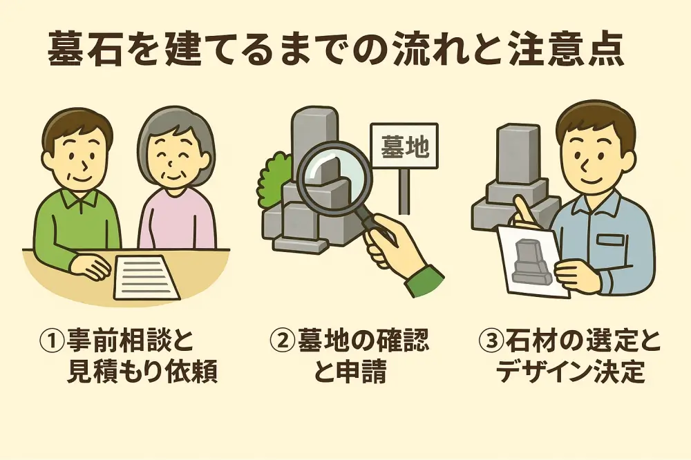 墓石を建てるまでの流れと注意点のうち、ステップ①〜③を解説する図解イラスト。相談・墓地確認・デザイン決定の場面が描かれている。