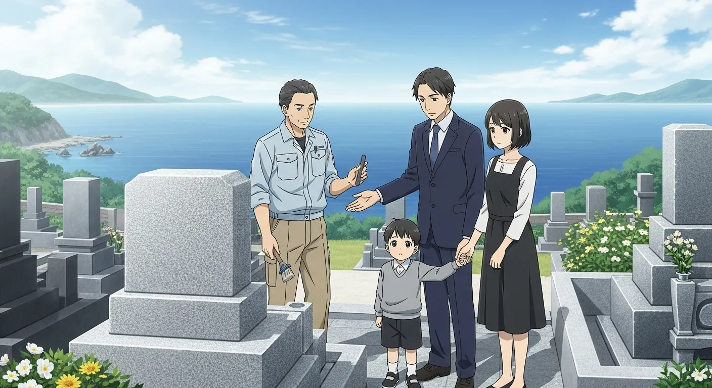 宮城県沿岸部で地域事情に配慮した墓石について相談する家族のアニメイラスト