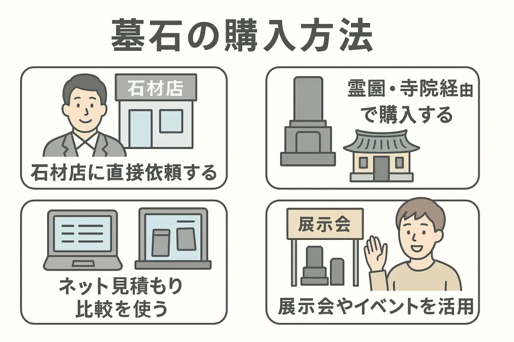 墓石の購入方法を説明する日本語インフォグラフィック。「石材店に直接依頼」「霊園・寺院経由」「ネット見積もり比較」「展示会やイベントを活用」といった選択肢がイラストで示されている。