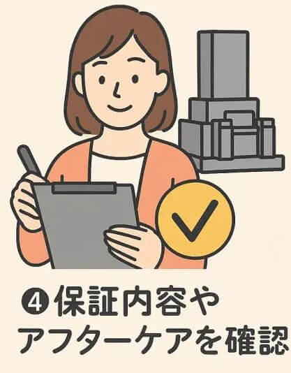 保証内容やアフターサービスを確認する女性と墓石のイラスト