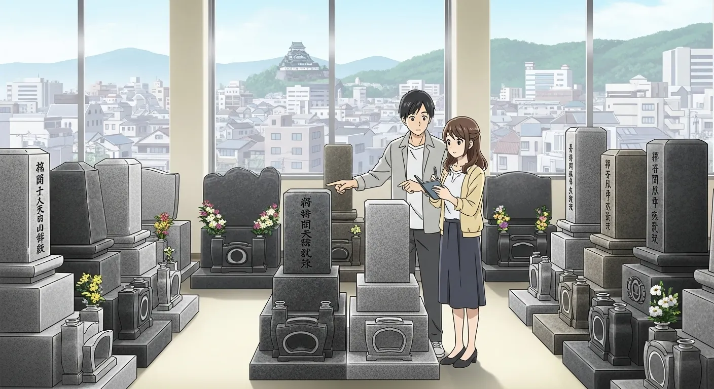 仙台市の石材店展示場で墓石を比較検討する夫婦のアニメイラスト
