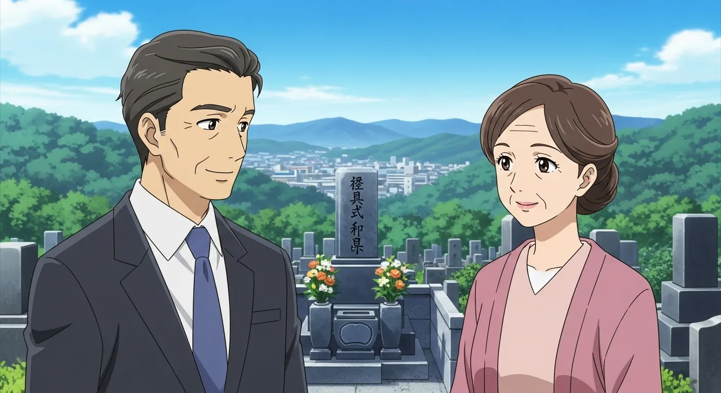 宮城県で石材店を探し墓石について相談する夫婦のアニメイラスト