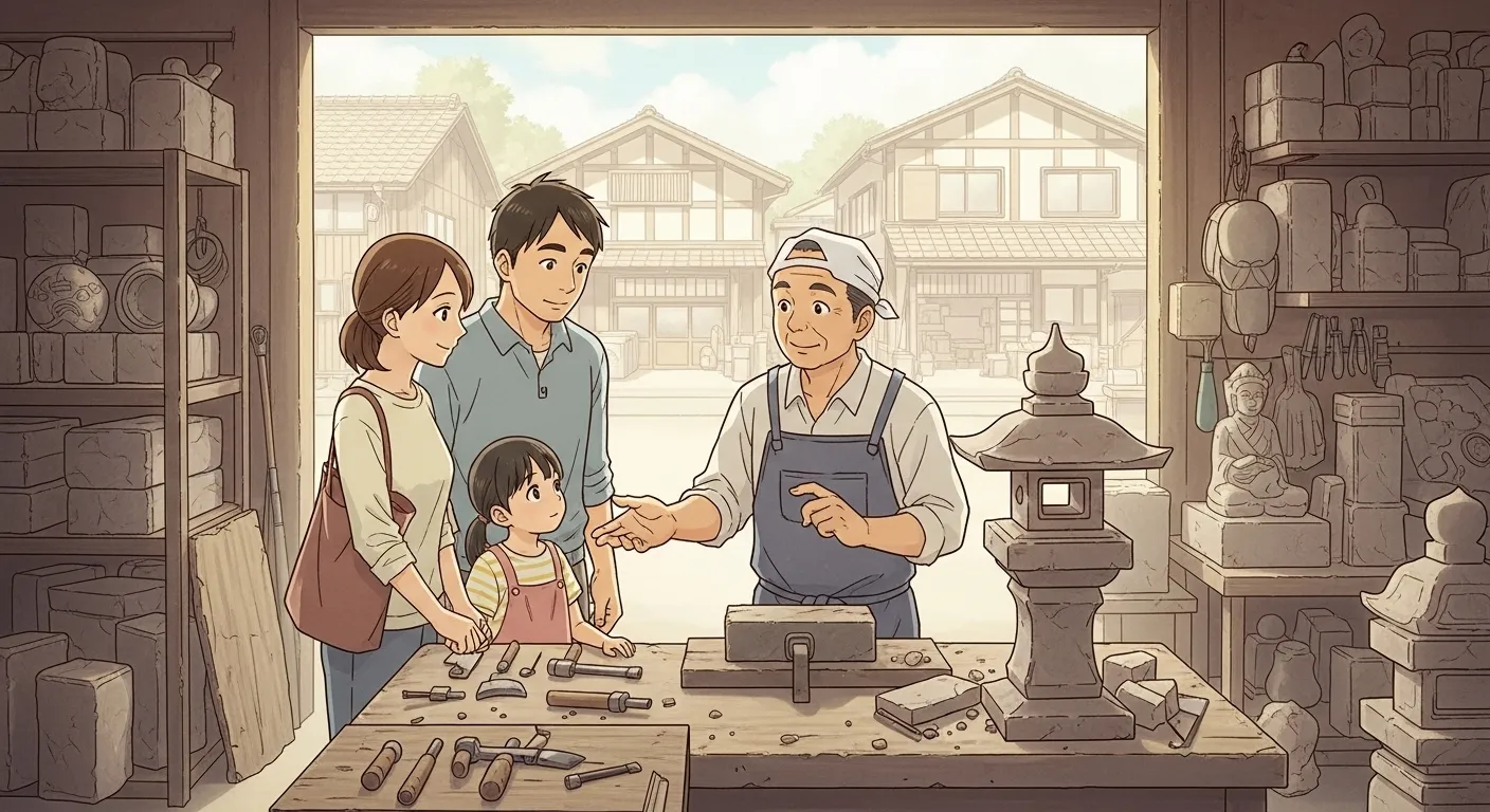 宮城県県北エリアで地元密着の石材店に相談する家族のアニメイラスト