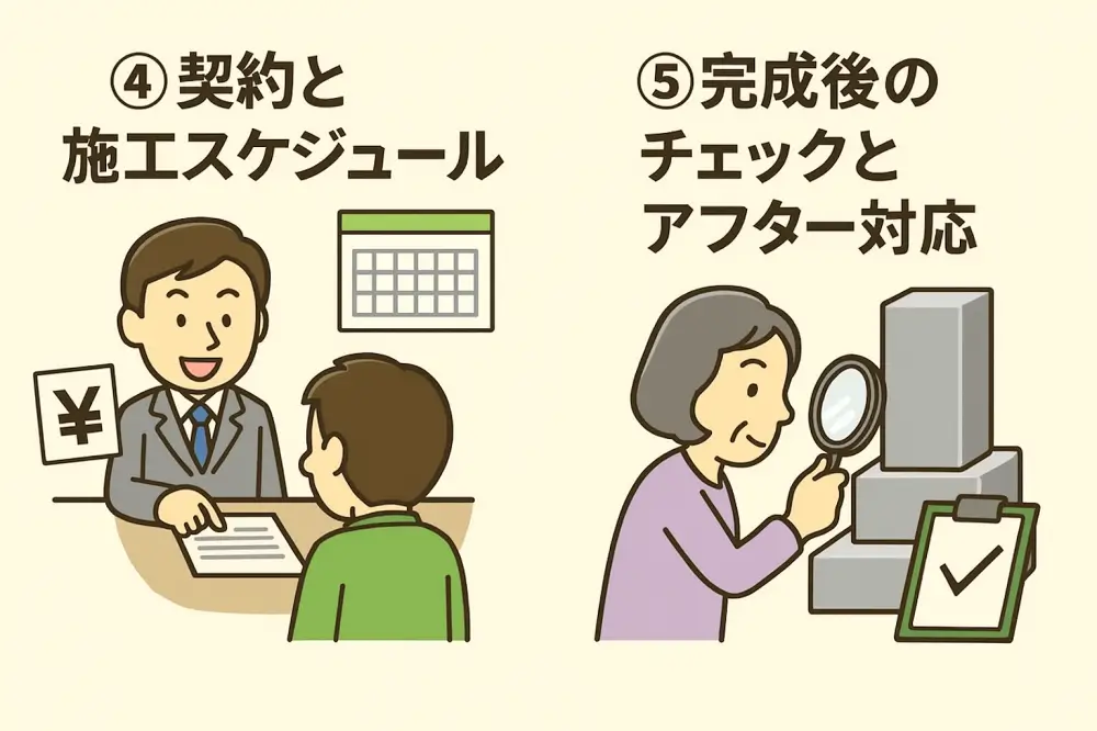 墓石を建てるまでのステップ④契約・施工スケジュールと、ステップ⑤完成後のチェックとアフター対応を説明する図解イラスト。