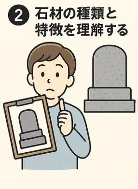 石材の種類や特徴を検討している男性のイラスト