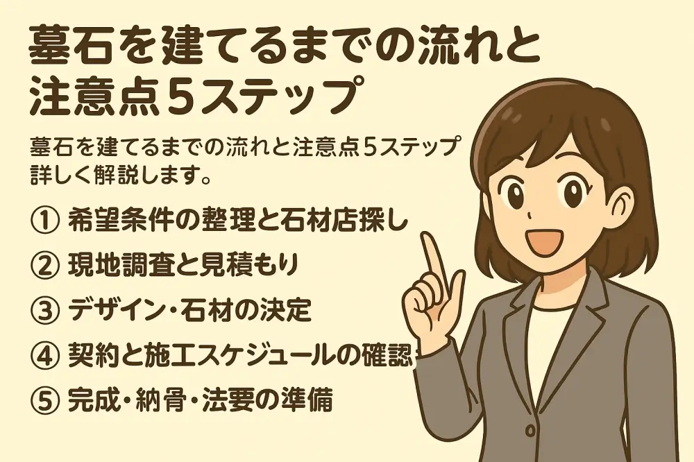 女性キャラクターが5つのステップを指しながら説明しているアニメ風の図解。墓石を建てるまでの流れと注意点を紹介。