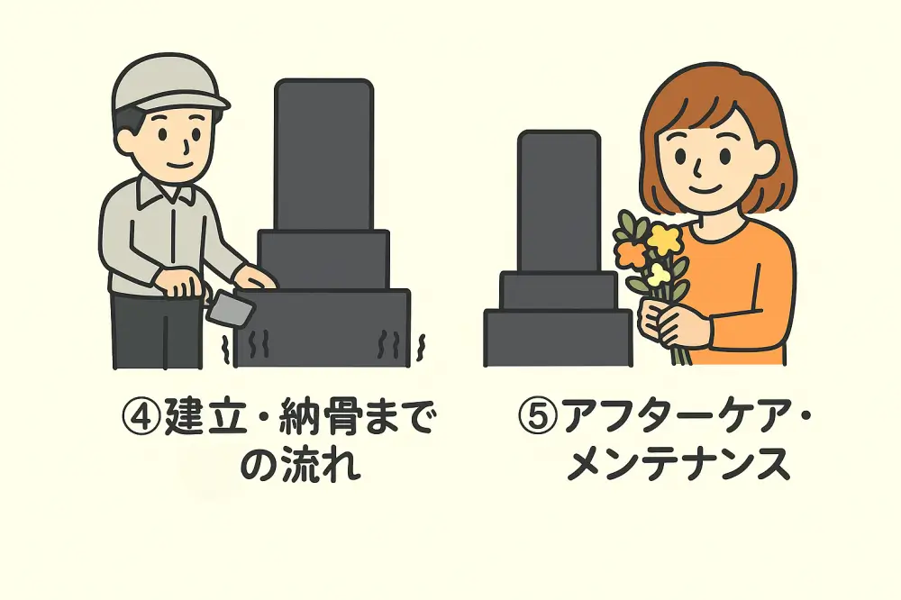 墓石購入の流れ5ステップ：④建立と納骨⑤アフターケアの図解イラスト