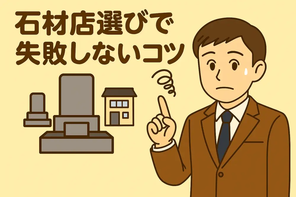 スーツ姿の男性が指を立てて説明しているアニメイラスト。背景には墓石と石材店の建物が描かれており、「石材店選びで失敗しないコツ」という文字が配置されている。