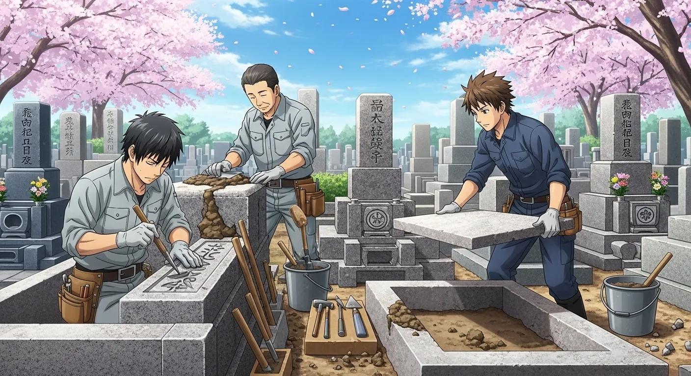 宮城県県南エリアで墓石施工を行う石材店職人のアニメイラスト