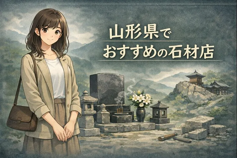 山形県でおすすめの石材店を紹介する女性のイラスト