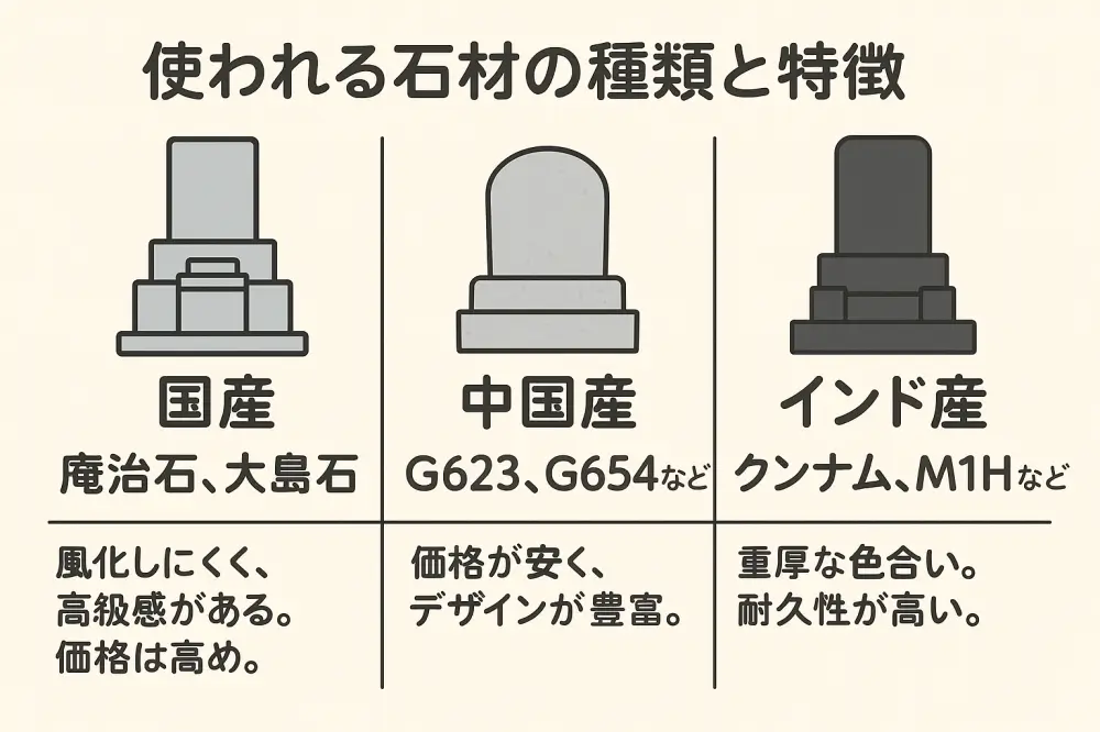墓石に使われる石材の種類と特徴を比較した図解（国産・中国産・インド産の違い）