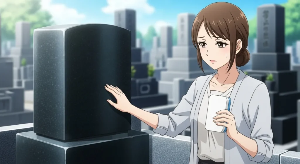 黒御影石の墓石に激落ちくん(メラミンスポンジ)を使っていいか迷う女性