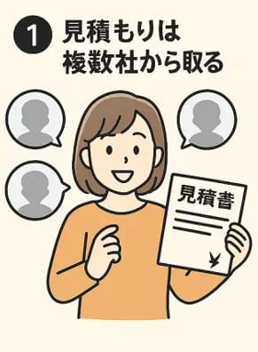複数の石材店から見積もりを取る女性のイラスト
