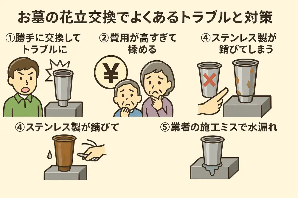お墓の花立交換で起きやすい5つのトラブルを図解したイラスト。勝手な交換、費用トラブル、サイズ不一致、ステンレスの錆、水漏れ施工ミスなどの例が描かれている。