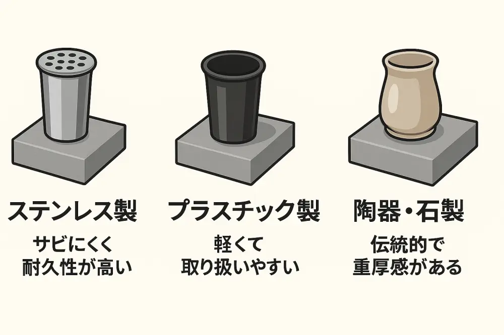 ステンレス製、プラスチック製、陶器・石製の墓用花立を並べて比較したイラスト。それぞれの特徴として、耐久性、軽さ、伝統的な重厚感が説明されている。