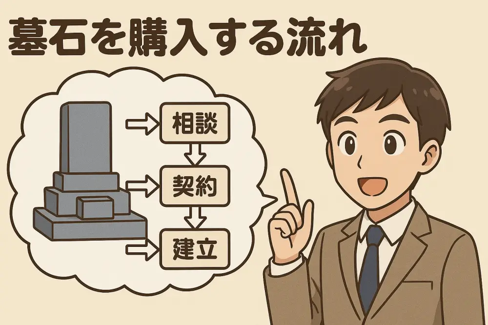 スーツ姿の男性が「墓石を購入する流れ」について説明しているイラスト。相談・契約・建立の3ステップが図示されている