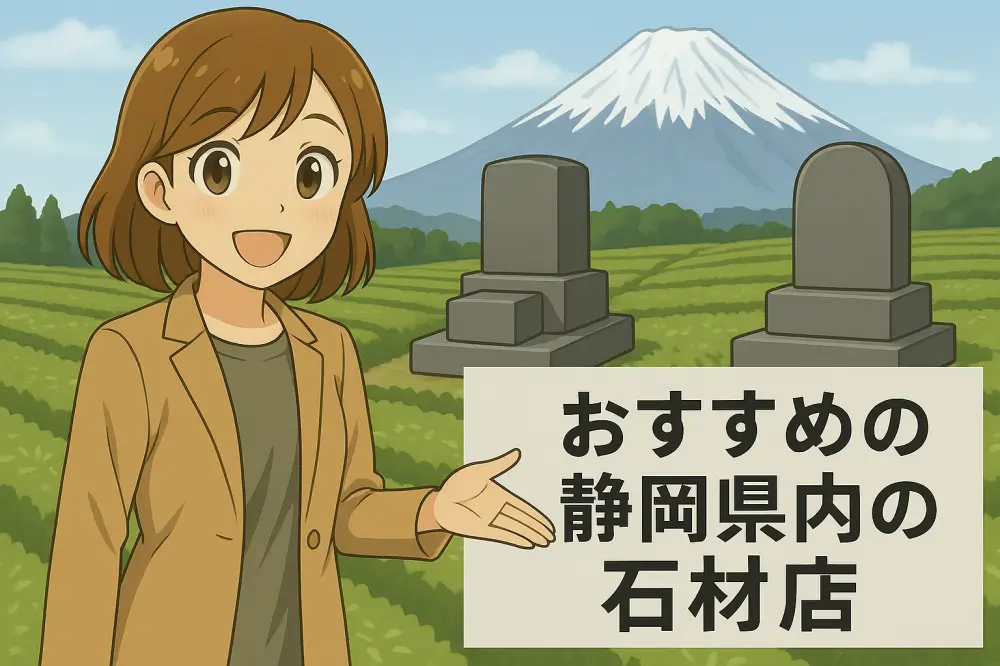 富士山と茶畑を背景に静岡県のおすすめ石材店を紹介する女性キャラクターのイラスト