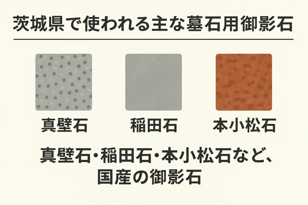 真壁石・稲田石・本小松石のカラーチップと名称を並べた説明図