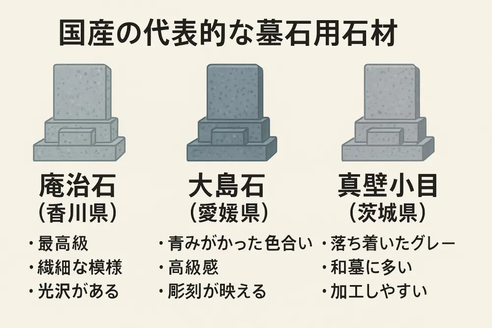 国産の代表的な墓石用石材として庵治石・大島石・真壁小目を紹介する図解