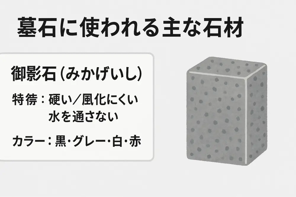 御影石の特徴を紹介する図解（硬い・風化しにくい・水を通さない）