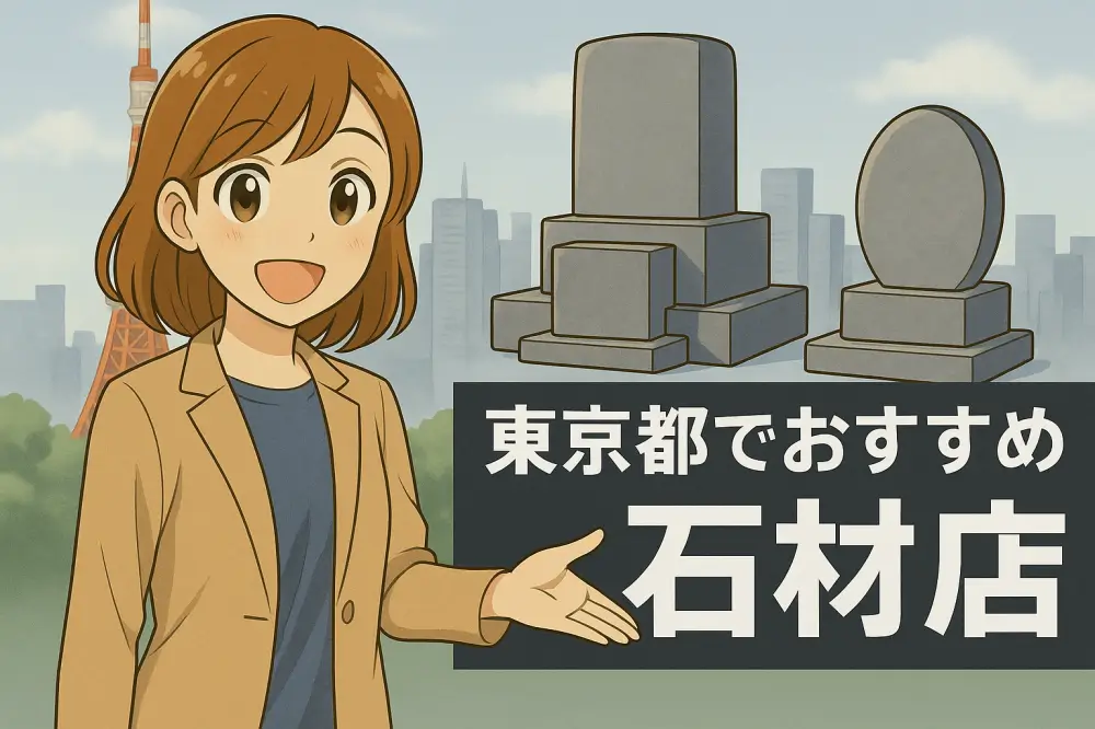 東京都でおすすめの石材店を紹介する女性のイラストと墓石のイメージ
