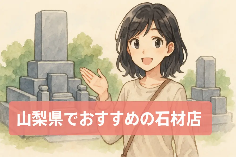 笑顔の若い女性が石材店の墓石を案内する様子のイラスト。背景には山梨県の自然をイメージした緑と墓石が描かれている。