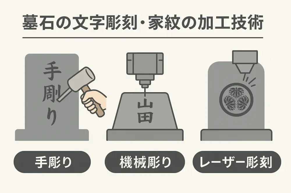 墓石の文字彫刻と家紋の加工技術を示す図解（手彫り・機械彫り・レーザー彫刻）