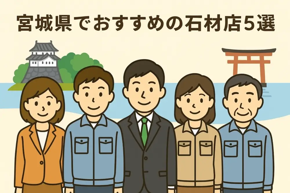 宮城県でおすすめの石材店5選を紹介するイラスト。石材店のスタッフ5人が並び、背景にはお城と鳥居が描かれている。