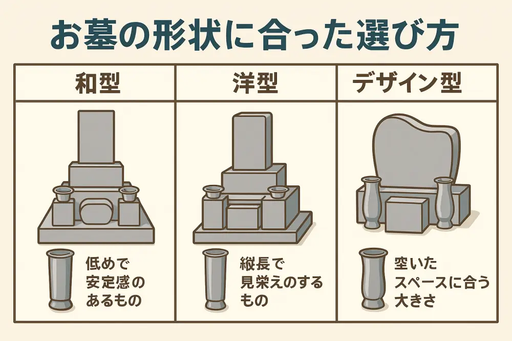 和型・洋型・デザイン型それぞれの墓石に合った花立の選び方を説明する図解イラスト