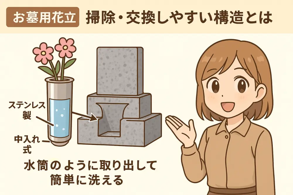 中入れ式のステンレス製花立の掃除・交換のしやすさを解説する図解イラスト