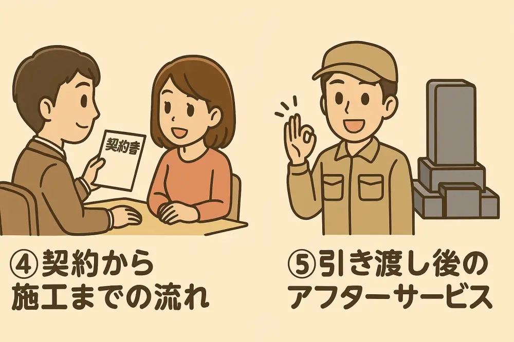 墓石購入後の契約から施工、引き渡し後のアフターサービスまでの流れを示す図解。契約書を交わす男女と、お墓の前でOKサインをする作業員のイラスト