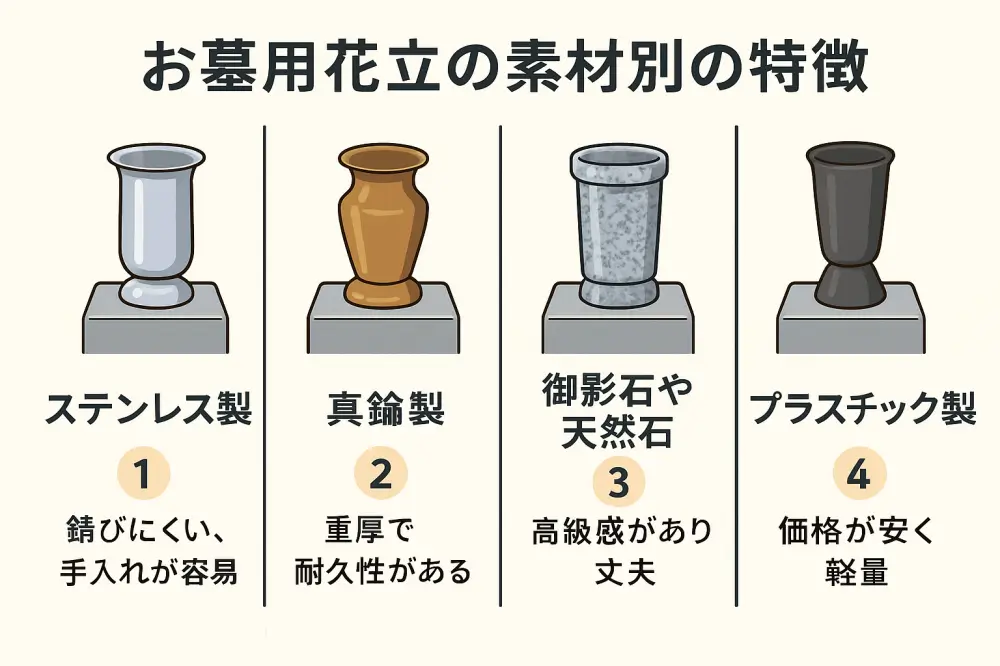 ステンレス製・真鍮製・御影石・プラスチック製の墓用花立の素材別特徴を比較した図解