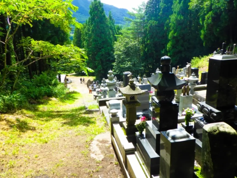 山間の自然に囲まれた日本の墓地と参道の風景
