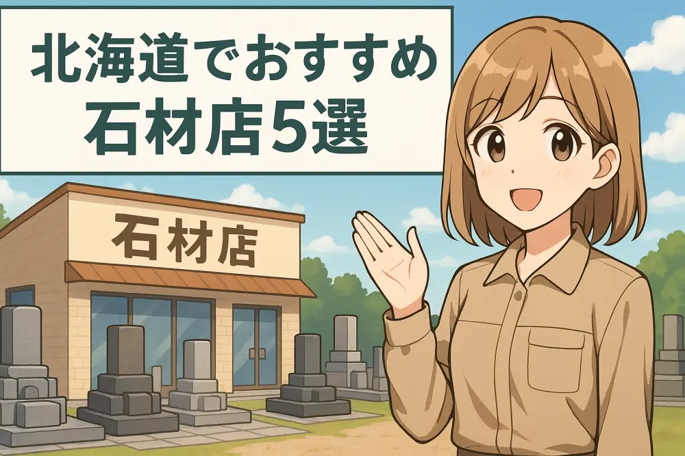 「北海道でおすすめの石材店を紹介するイラスト。石材店の前に立つ女性キャラクター