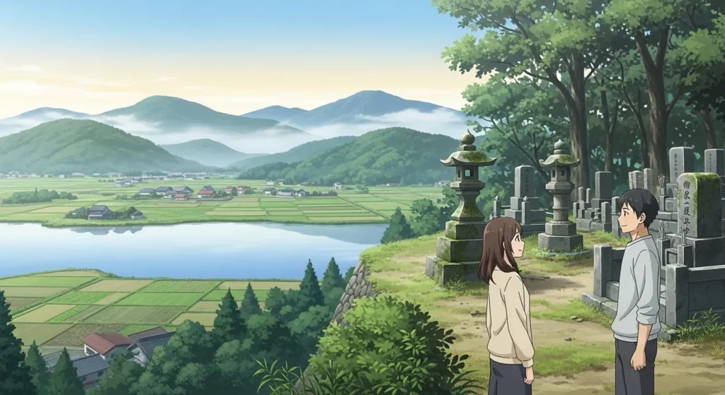 高島市の自然に囲まれた墓地と家族の風景|滋賀県高島エリアの墓石・石材店イメージ