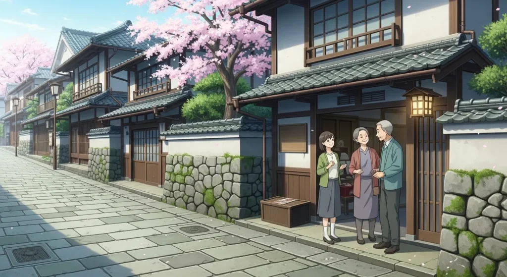 滋賀県彦根市・長浜市の町並みと地域密着の石材店を訪れる家族のイラスト