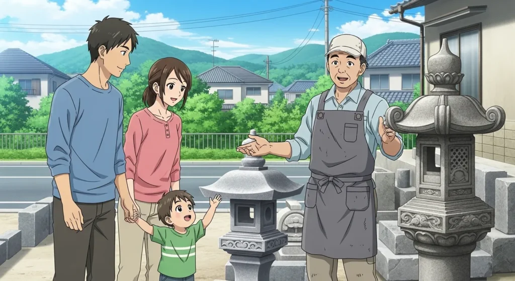 甲賀市・湖南市の石材店で墓石について相談する家族|滋賀県甲賀・湖南エリア