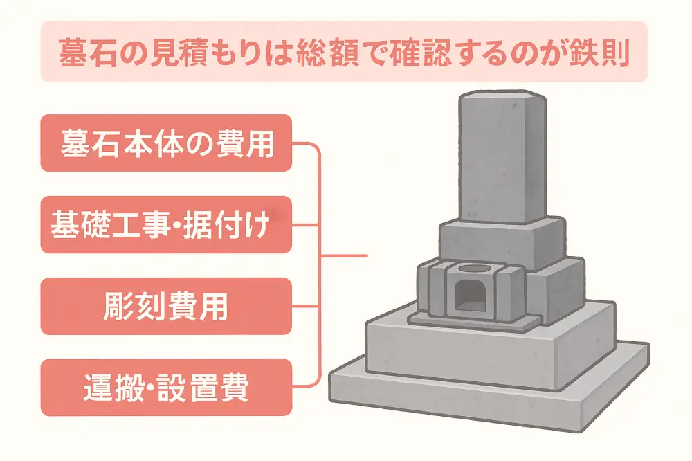 墓石の費用内訳を図解で示したイラスト。右側に墓石が描かれ、左には「墓石本体の費用」「基礎工事・据付け費」「彫刻費用」「運搬・設置費」の4項目が表示されている