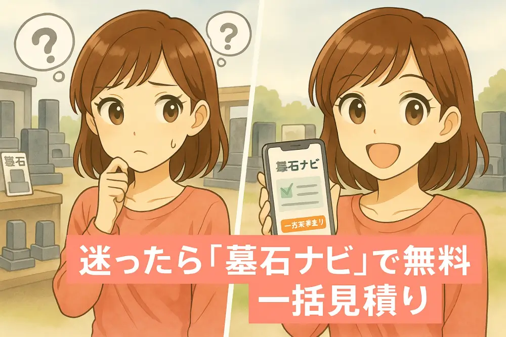 墓石店の前で迷う女性が、スマホで「墓石ナビ」の見積もりページを見て安心する二コマ構成のイラスト。