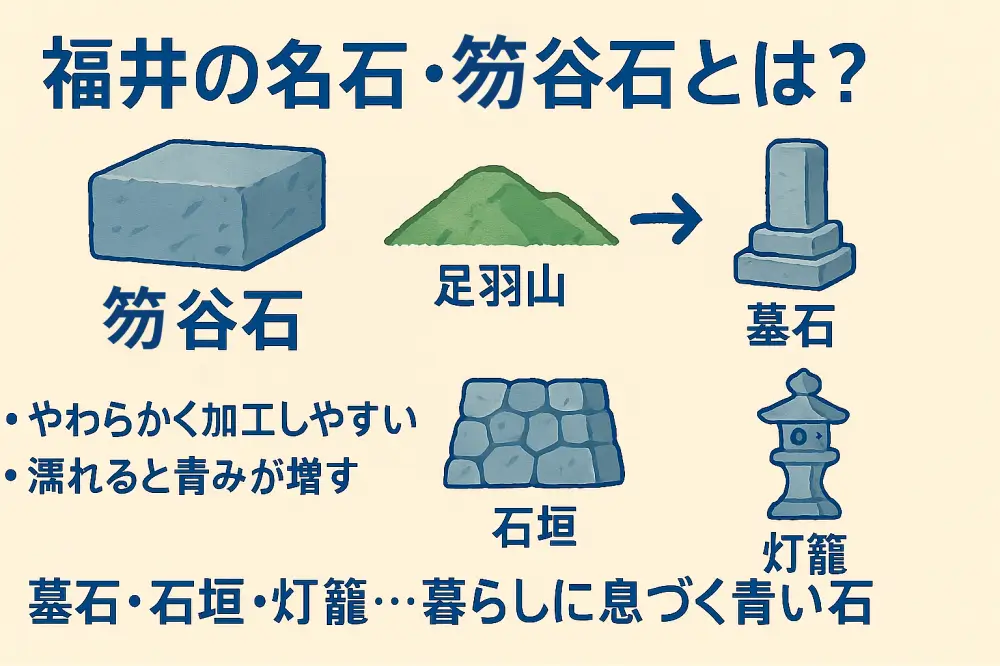 福井県の名石「笏谷石」の特徴と用途を説明する図解。足羽山で採掘され、墓石・石垣・灯籠などに使われる。