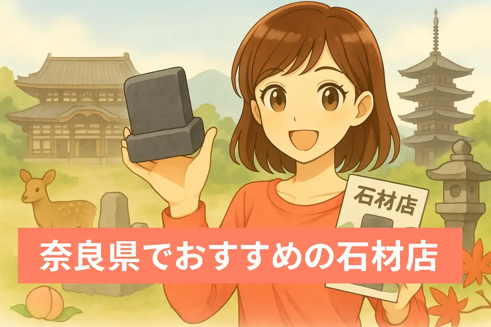 奈良県の大仏殿や五重塔、鹿や石灯籠を背景に、墓石模型と石材パンフレットを手にした笑顔の若い女性が石材店を紹介するイラスト