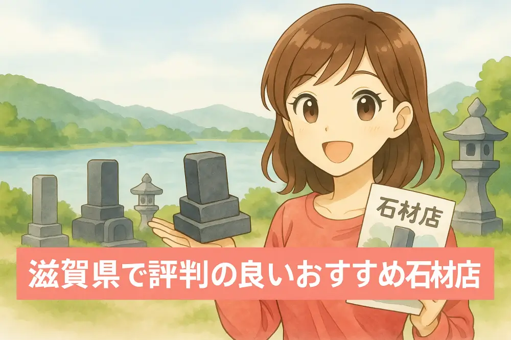琵琶湖を背景に、石材店のパンフレットと墓石の模型を持つ笑顔の女性が描かれたイラスト。下部には「滋賀県で評判の良いおすすめ石材店」の文字。