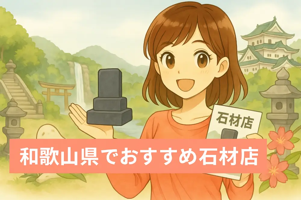 和歌山城や那智の滝、鳥居と石灯籠、梅の花を背景に、墓石模型と石材パンフレットを手に笑顔で紹介する若い女性のイラスト。
