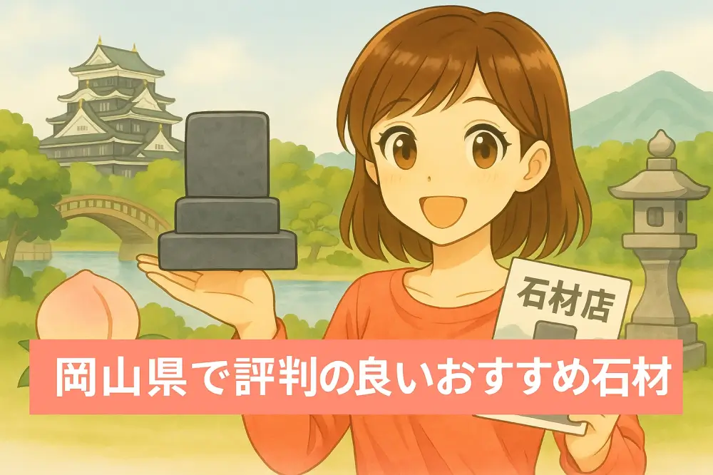 岡山城と後楽園の景色を背景に、白桃と石灯籠のそばで墓石模型とパンフレットを手に持つ女性が石材店を紹介するイラスト。