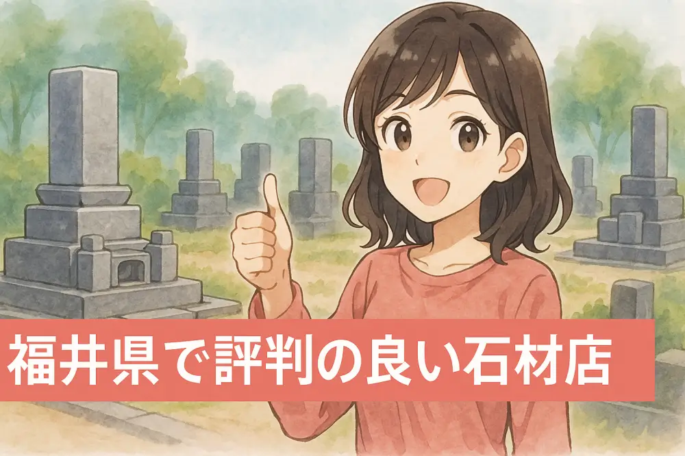 福井県の墓地で親指を立てて笑顔を見せる女性と、背景にある笏谷石の墓石。石材店の紹介風。