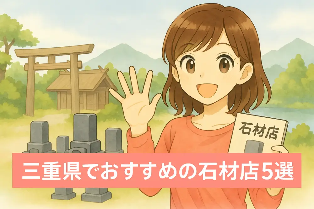鳥居と社殿を背景に、石材パンフレットを手に「5選」と指を立てる女性が描かれた三重県の石材店紹介イラスト。