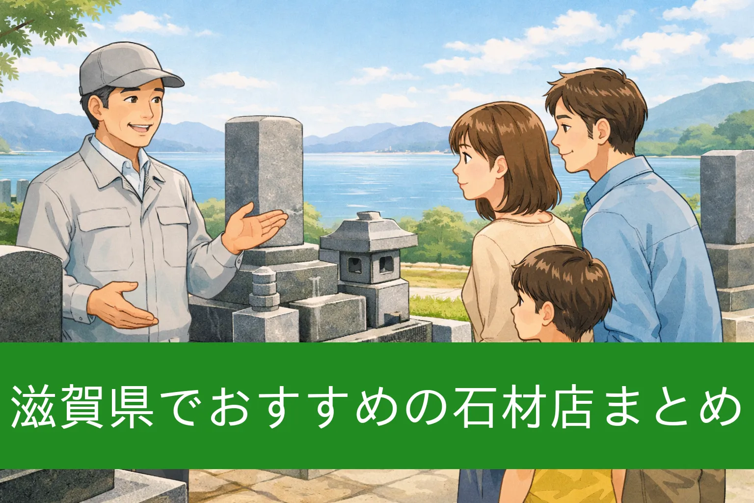 滋賀県で評判の良い石材店を探している家族が、琵琶湖を背景に石材店スタッフから墓石の説明を受けているイラスト