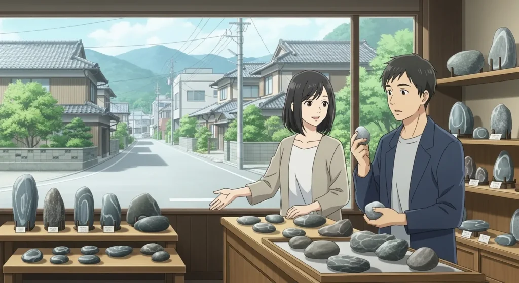 滋賀県大津市・草津市の石材店展示場で墓石を相談する夫婦のイラスト