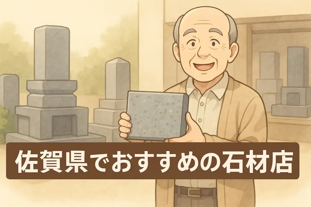 佐賀県のおすすめ石材店の店主が石材サンプルを手に笑顔を見せるイラスト